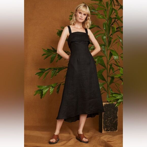 Luxely Huxely 100% Linen Midi Lined Dress, Black Meteorite, Size 14, NWT‎ - Picture 1 of 6
